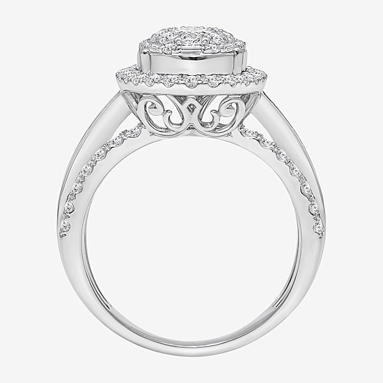 (I / I1) Womens 2 CT. T.W. Lab Grown White Diamond 10K Gold Oval Side Stone Engagement Ring