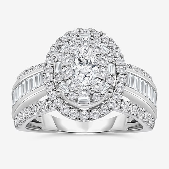(I / I1) Womens 2 CT. T.W. Lab Grown White Diamond 10K Gold Oval Side Stone Engagement Ring