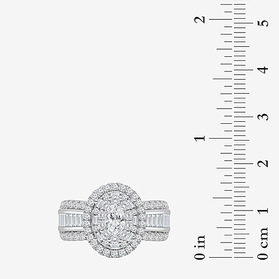 (I / I1) Womens 2 CT. T.W. Lab Grown White Diamond 10K Gold Oval Side Stone Engagement Ring