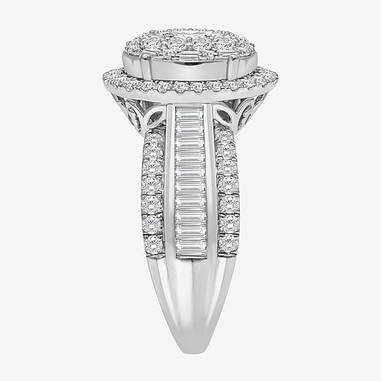 (I / I1) Womens 2 CT. T.W. Lab Grown White Diamond 10K Gold Oval Side Stone Engagement Ring