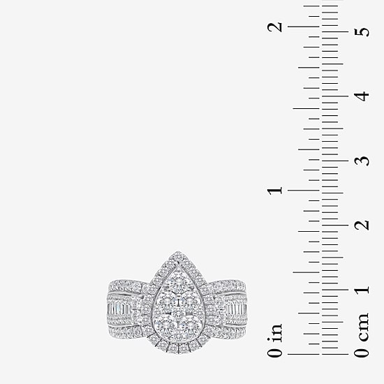 2 CT.T.W. Natural Diamond Pear Shape Side Stone Halo Engagement Ring in 10K or 14K White Gold