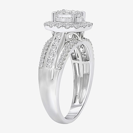 (I / SI2) Womens 1 CT. T.W. Lab Grown White Diamond 10K or 14K White Gold Cushion Side Stone Halo Engagement Ring