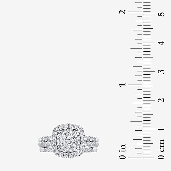 Womens 1 CT. T.W. Lab Grown White Diamond 10K or 14K White Gold Cushion Side Stone Halo Bridal Set