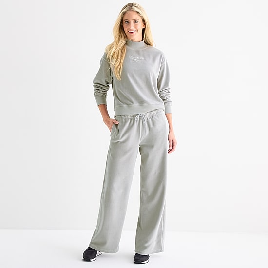 Reebok Womens High Rise Velour Wide Leg Sweatpant