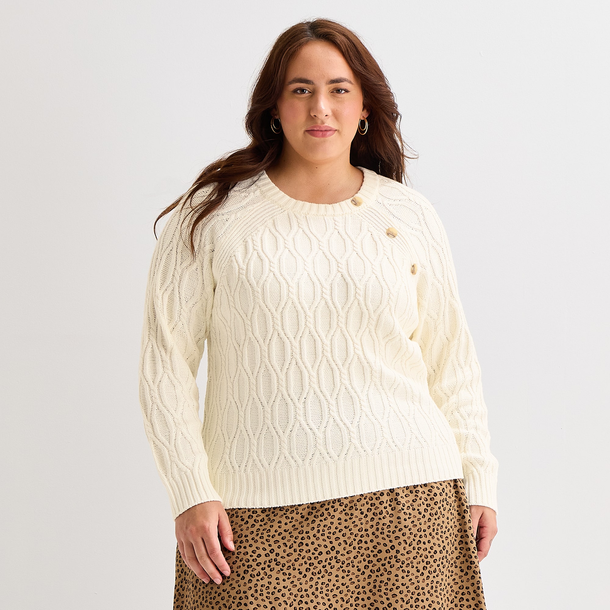 St. John's Bay Plus Womens Crew Neck Long Sleeve Striped Cable Knit Pullover Sweater