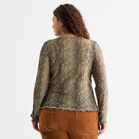 A.N.A Sheer Womens Plus Crew Neck Long Sleeve T-Shirt