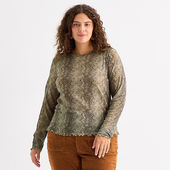 A.N.A Sheer Womens Plus Crew Neck Long Sleeve T-Shirt