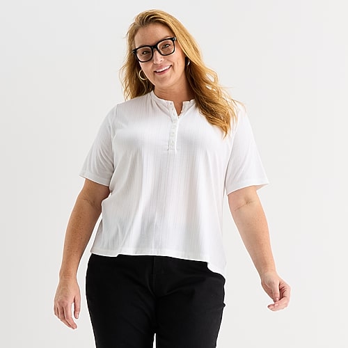 Liz Claiborne Womens Plus Short Sleeve Relaxed Fit Henley Shirt, 1x, White