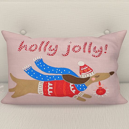 Vibhsa Vibhsa Christmas Holly Jolly Embroidered Pillow – 14"X20" Rectangular Throw Pillow