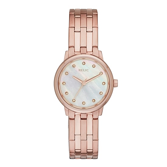 Relic® Perla Womens Crystal-Accent Rose-Tone Stainless Steel Bracelet Watch ZR34295