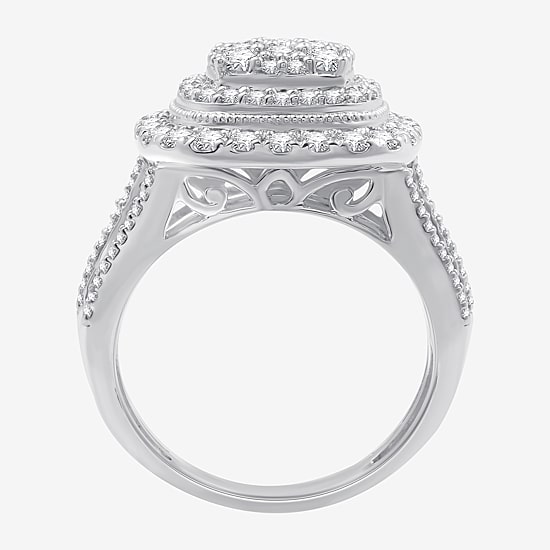 (G / Si1-Si2) Womens 2 CT. T.W. Lab Grown White Diamond 10K Gold Cushion Halo Side Stone Cocktail Ring
