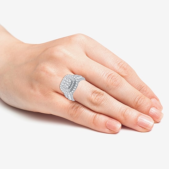 (G / Si1-Si2) Womens 2 CT. T.W. Lab Grown White Diamond 10K Gold Cushion Halo Side Stone Cocktail Ring