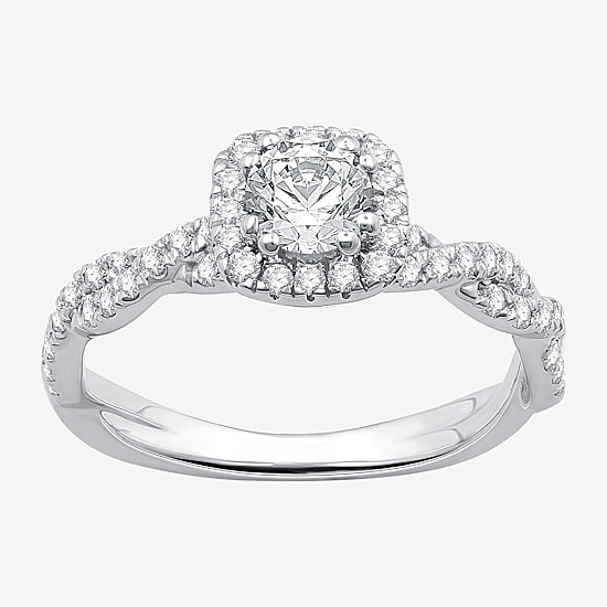 (G / Si1-Si2) Womens 1 CT. T.W. Lab Grown White Diamond 10K Gold Cushion Side Stone Halo Engagement Ring