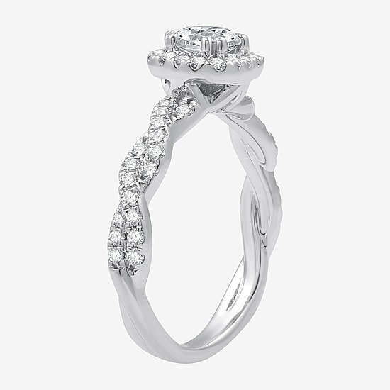 (G / Si1-Si2) Womens 1 CT. T.W. Lab Grown White Diamond 10K Gold Cushion Side Stone Halo Engagement Ring