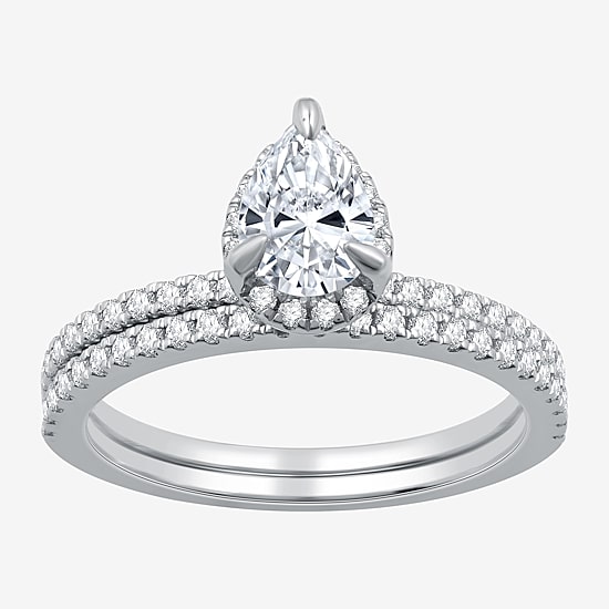 I Said Yes (G / Si1-Si2) Womens 1 CT. T.W. Lab Grown White Diamond Sterling Silver Pear Side Stone Halo Bridal Set