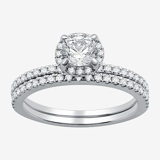 I Said Yes (G / Si1-Si2) Womens 1 CT. T.W. Lab Grown White Diamond Sterling Silver Round Side Stone Halo Bridal Set