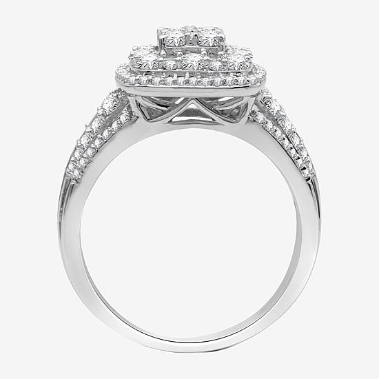 Womens 1 CT. T.W. Lab Grown White Diamond Sterling Silver Cushion Halo Side Stone Cocktail Ring