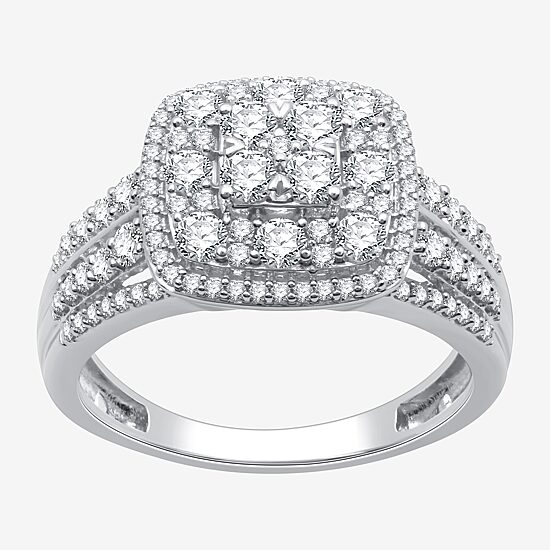 Womens 1 CT. T.W. Lab Grown White Diamond Sterling Silver Cushion Halo Side Stone Cocktail Ring