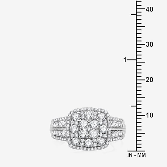 Womens 1 CT. T.W. Lab Grown White Diamond Sterling Silver Cushion Halo Side Stone Cocktail Ring
