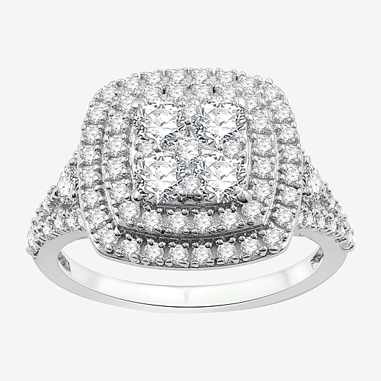 Womens 1 1/2 CT. T.W. Lab Grown White Diamond Sterling Silver Cushion Halo Side Stone Cocktail Ring
