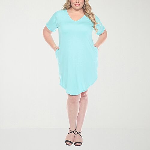PS3009C-05-1X Plus Size V-Neck Folded Sleeves & Pockets Knee-Length Dress - Aqua - 1X
