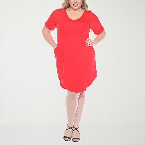 PS3009C-04-3X Plus Size V-Neck Folded Sleeves & Pockets Knee-Length Dress - Red - 3X