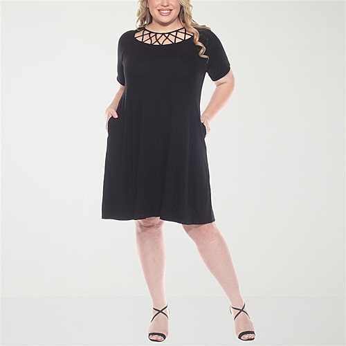 PS13339C-01-3X Plus Size Short Sleeve Criss-Cross Neck A-Line Dress - Black - 3X