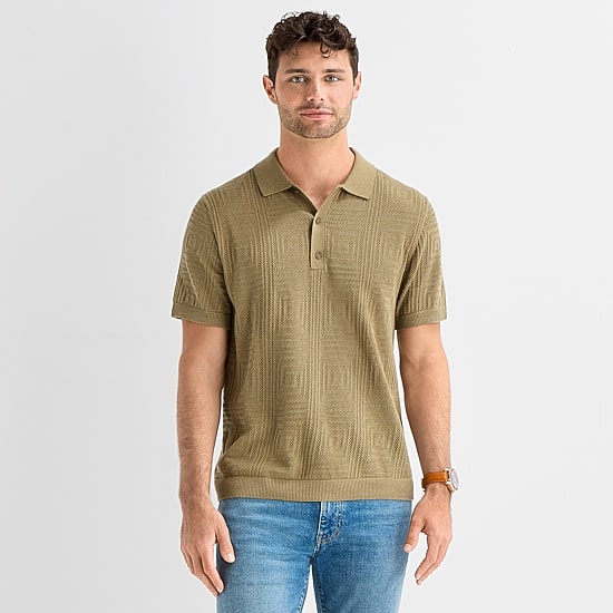 mutual weave Mens Short Sleeve Button Polo Sweater