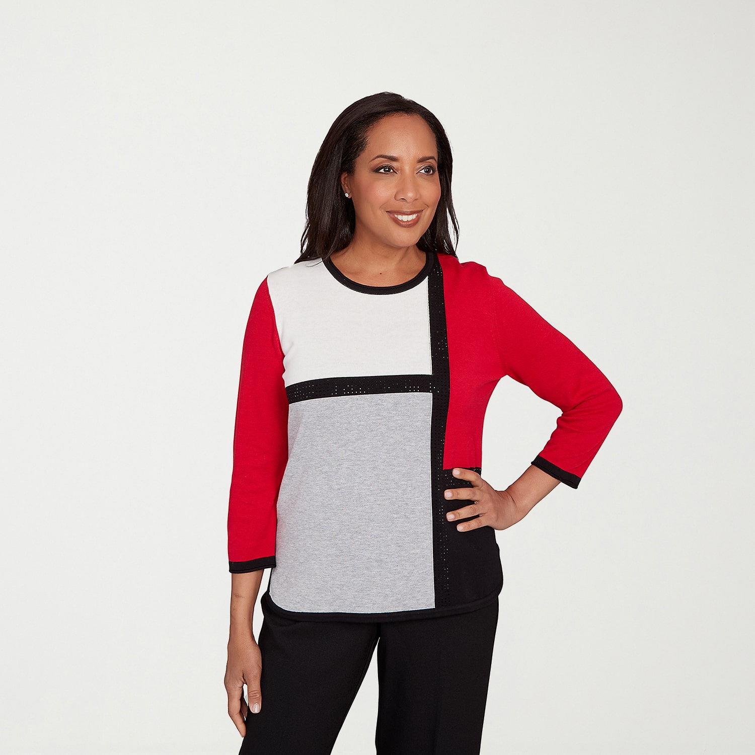 Alfred Dunner Jet Setter Womens Crew Neck 3/4 Sleeve Pullover Sweater