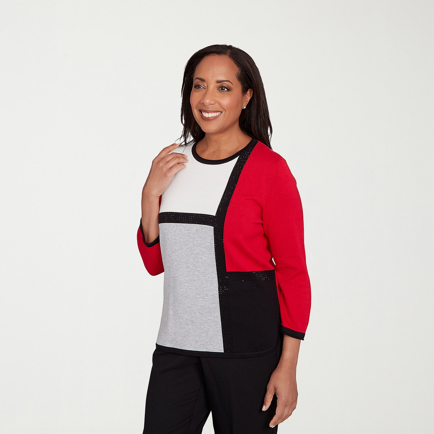 Alfred Dunner Jet Setter Womens Crew Neck 3/4 Sleeve Pullover Sweater