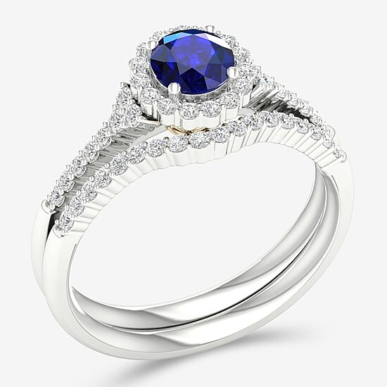 Modern Bride Gemstone Womens 14K Two Tone Gold Round Halo Bridal Set
