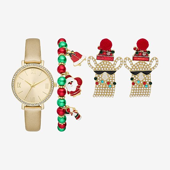 Christmas Sets Womens Crystal Accent Gold Tone 4-pc. Watch Boxed Set Fmdjps202