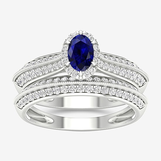 Modern Bride Gemstone and 1/2 CT. T.W. Diamond Oval Halo Bridal Set in 10K Gold