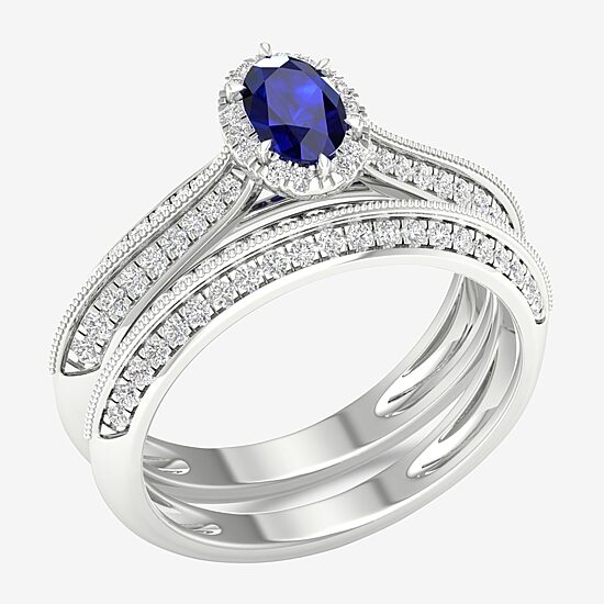 Modern Bride Gemstone and 1/2 CT. T.W. Diamond Oval Halo Bridal Set in 10K Gold