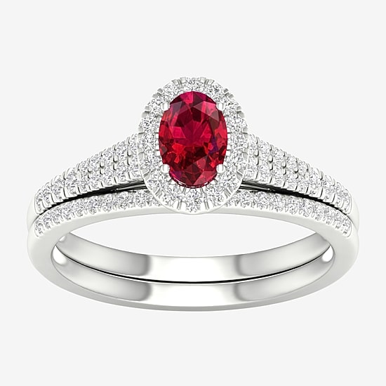 Modern Bride Gemstone and 1/3 CT. T.W. Diamond Oval Bridal Set in 14K Gold