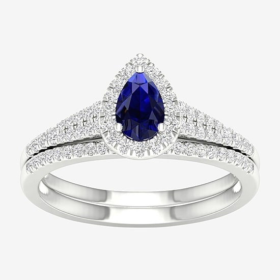 Modern Bride Gemstone Womens14K White Gold Pear Halo Bridal Set