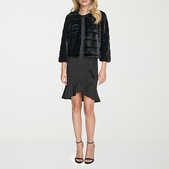 Marc New York Faux Fur Womens Round Neck 3/4 Sleeve Shrug