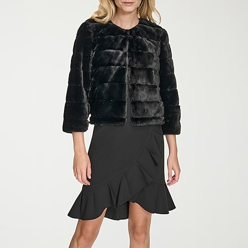 Marc New York Faux Fur Womens Round Neck 3/4 Sleeve Shrug, X-large, Black