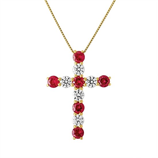 Womens Lab Created Red Ruby 10K Gold Cross 18 Inch Pendant Necklace