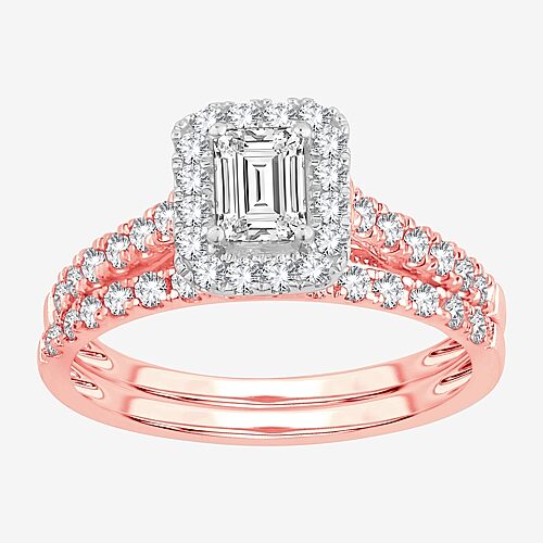 Signature By Modern Bride Womens 1 CT. T.W. (H-I / SI1-SI2) Lab-Grown Diamond Cushion Halo Bridal Set in 10K or 14K Gold, 5, Rose