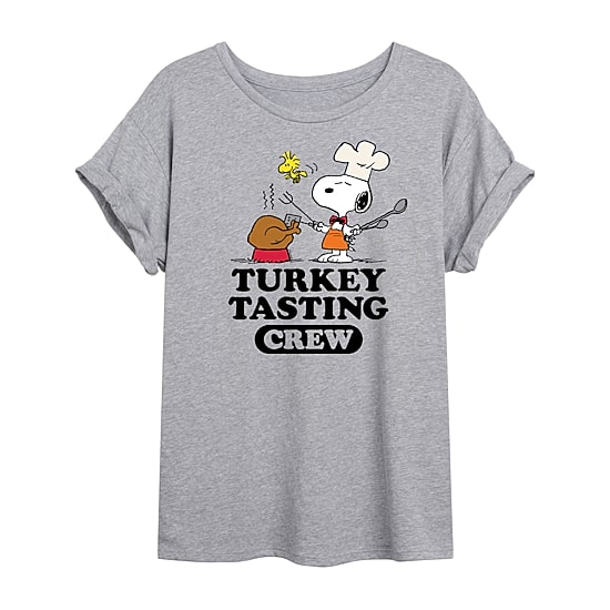 Snoopy Turkey Tasting Womens Juniors Crew Neck Short Sleeve Regular Fit Peanuts Graphic T-Shirt