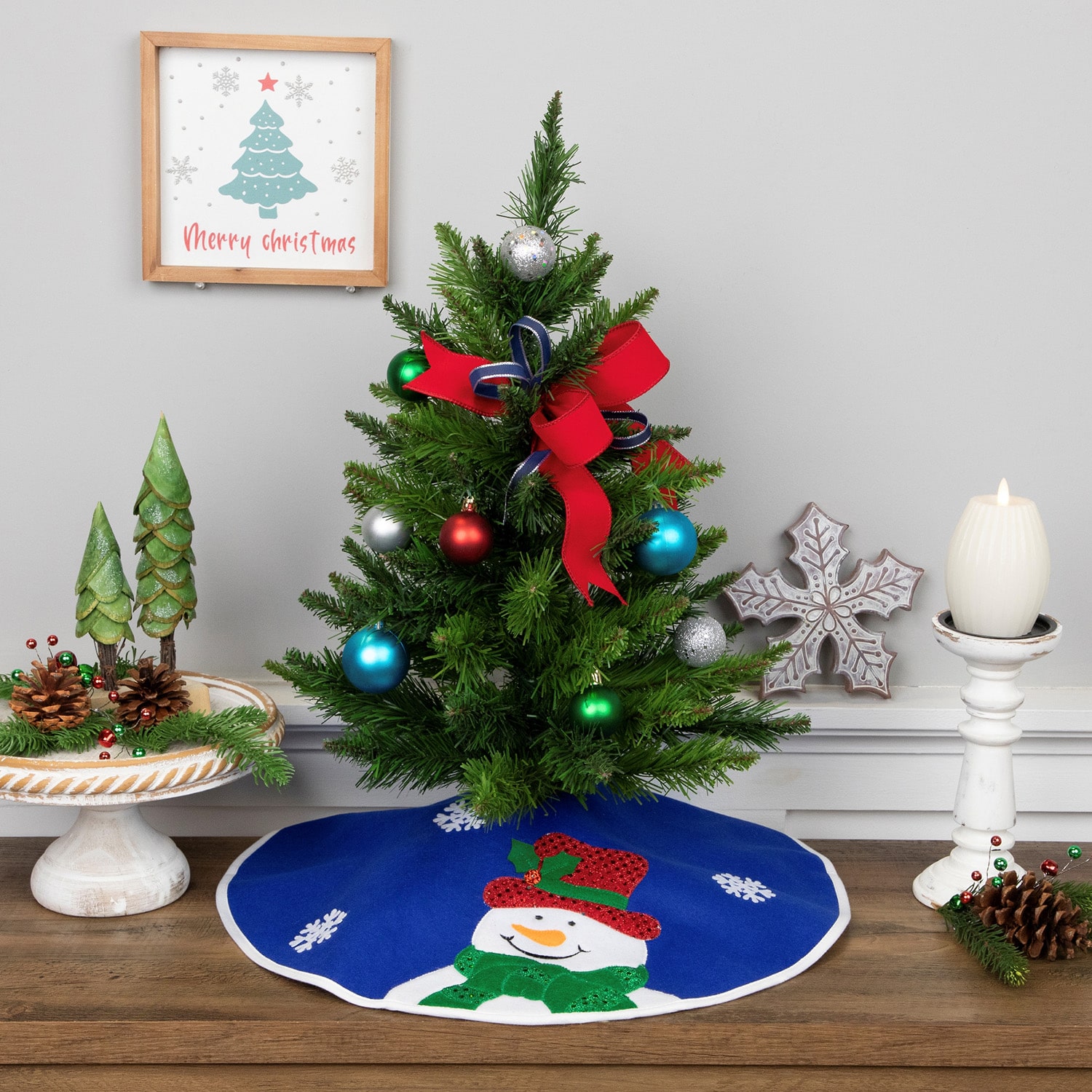 20'' Blue and White Embroidered Snowman Mini Christmas Tree Skirt