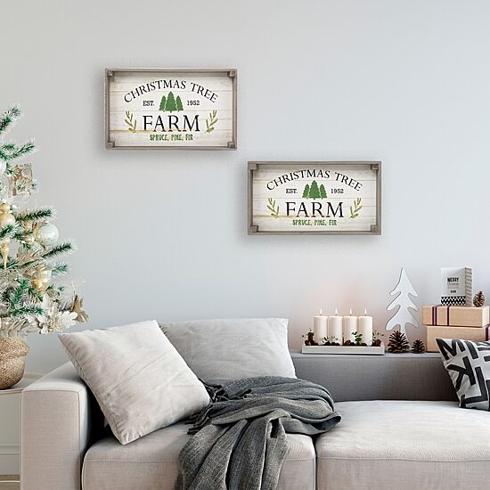 Northlight 21" Gray And White Farm Fresh Trees Wooden Tray Hanging 2-pc. Wall Sign