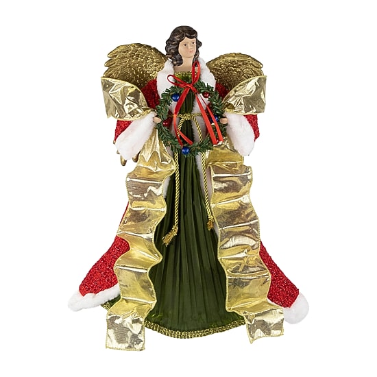 Northlight 18" Red And Green Angel With Wreath Unlit Christmas Tree Topper