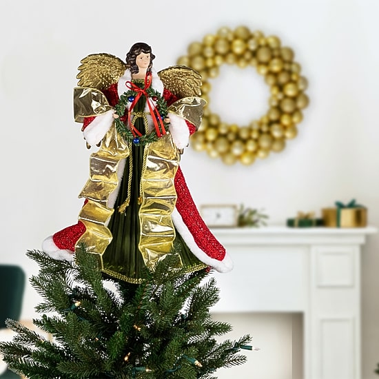 Northlight 18" Red And Green Angel With Wreath Unlit Christmas Tree Topper