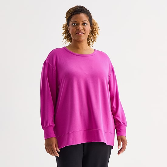 Xersion Womens Soft French Terry Crew Neck Long Sleeve Sweatshirt Plus