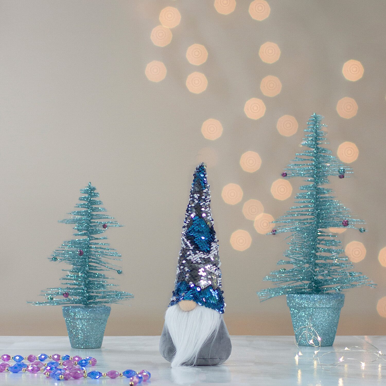 Northlight 13.5in Gray Standing Christmas  Decoration With Blue Flip Sequin Hat Christmas Gnome