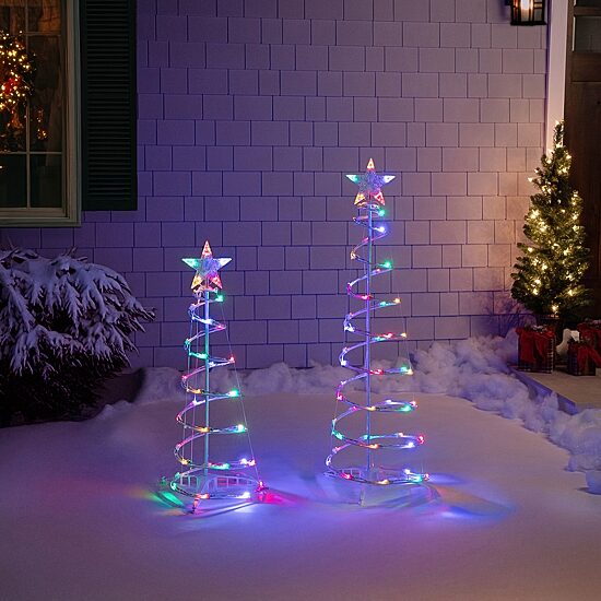Northlight Set Of 2 Led Lighted Multi-Color Spiral Cone Trees 3ft 4ft Christmas Yard Art