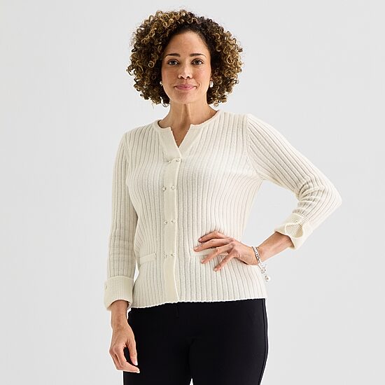 Liz Claiborne Womens Split Crew Neck Short Sleeve Cardigan