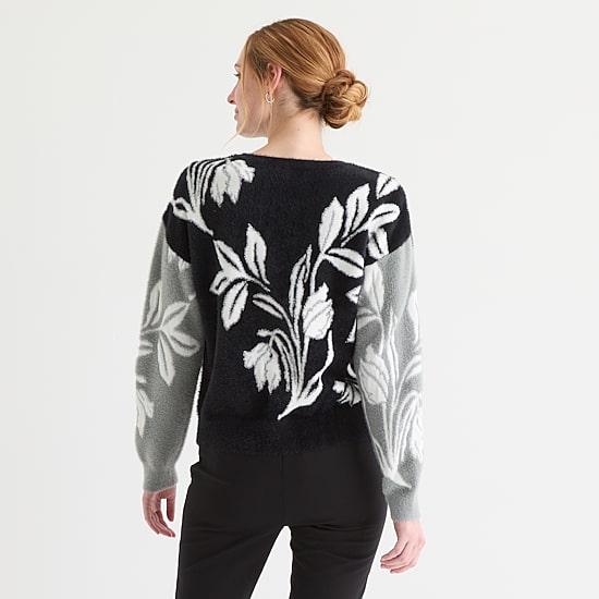Liz Claiborne Womens Crew Neck Embellished Long Sleeve Floral Pullover Sweater